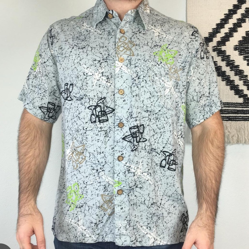 Casual Gray and Green Button Down Shirt with Modern Pattern